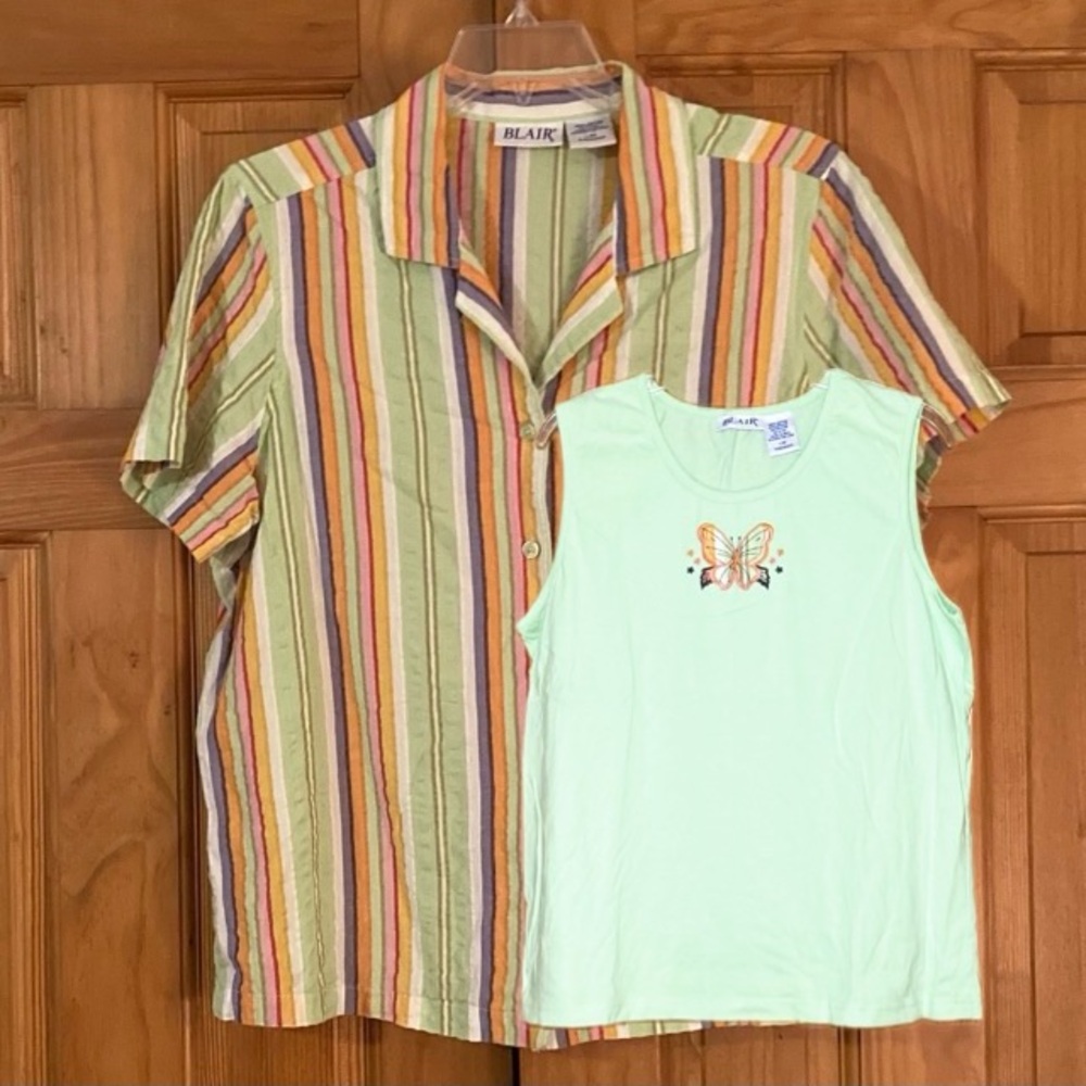 NWOT Blair Vintage 90s Blouse & Matching Sleeveless Top Set Green Size L Large